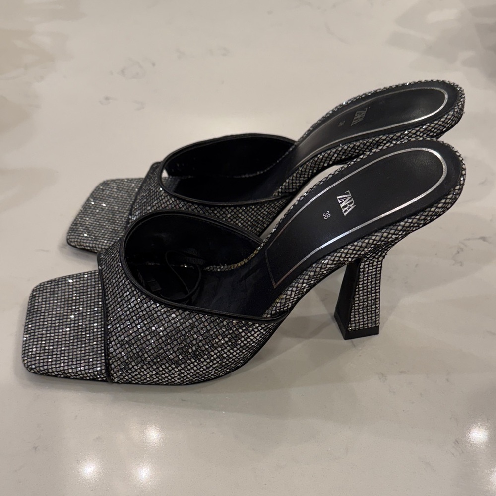 Zara Black and Silver Textured Heels